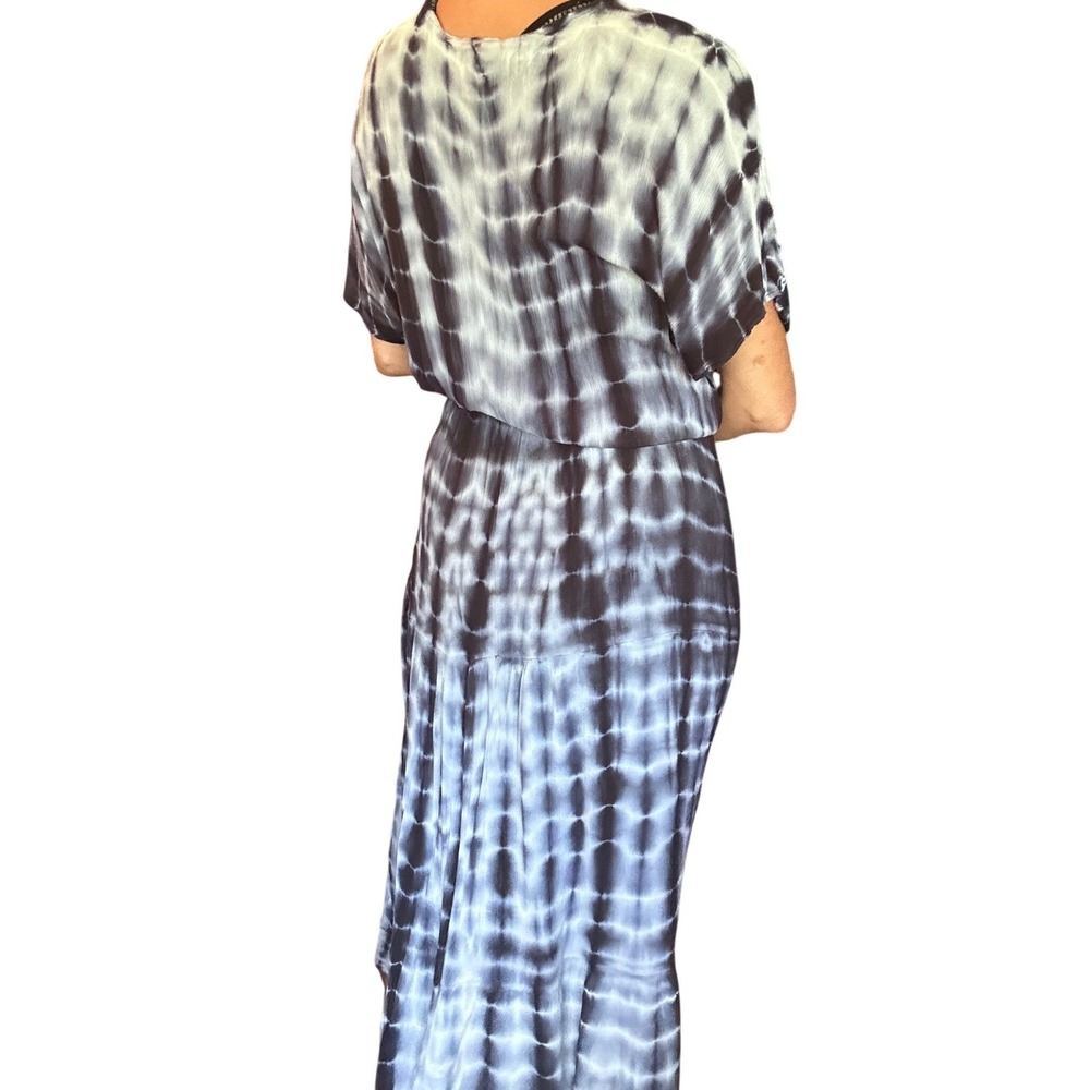Knox Rose Rayon Blue White Tie Dye V-Neck Maxi Dress Short Sleeve Boho Belted - Picture 8 of 13